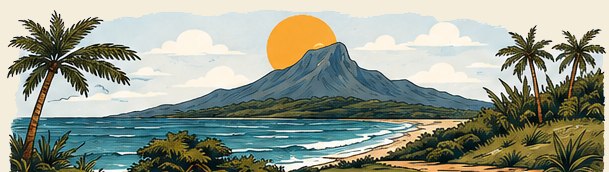 Illustrated coastal landscape of Byron Bay with Mount Warning, palm trees and a curving beach