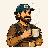 Tradesperson in embroidered workwear holding a coffee cup